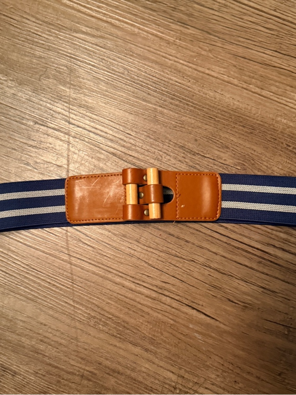 BDG Navy and White Striped Elastic Belt with Tan Leather Accent